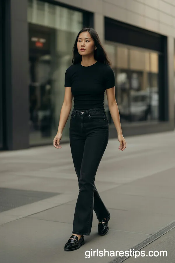 Minimalist All-Black Bootcut Jeans Outfit