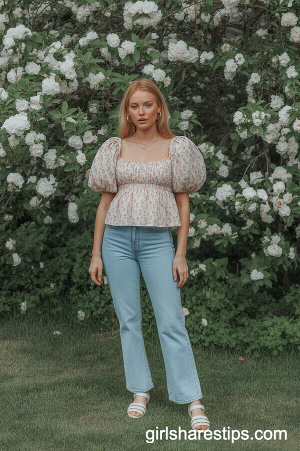 Puff-Sleeve Blouse and Bootcut Jeans for a Fresh Spring Look