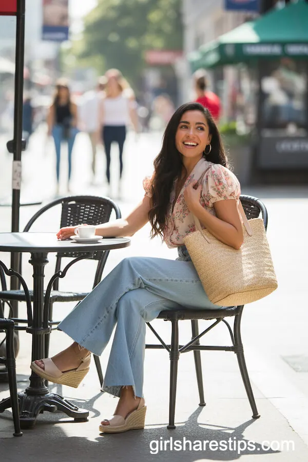 Floral Blouse and Espadrille Wedges at the Caf&egrave;