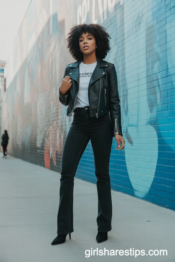 Moto Jacket and Black Bootcut Jeans for an Edgy Vibe