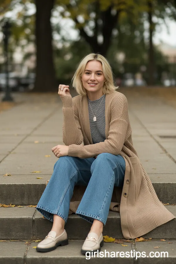 Chunky Cardigan and Striped Tee for Casual Comfort