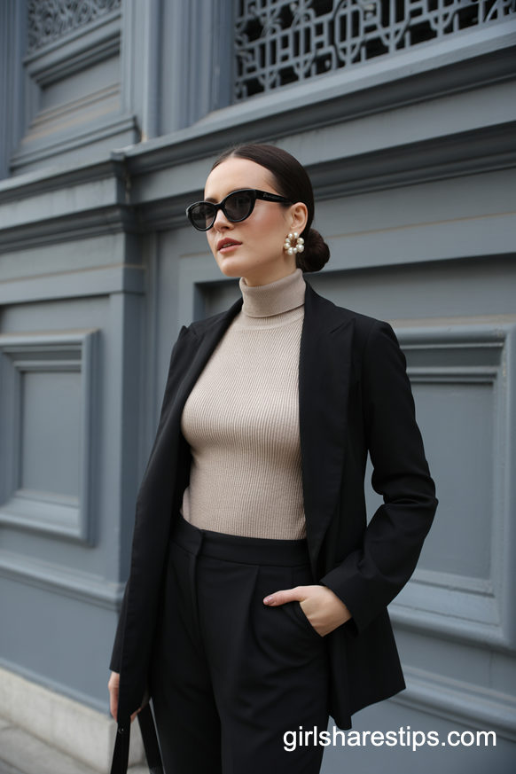 Black Blazer And Beige Turtleneck Power Pairing