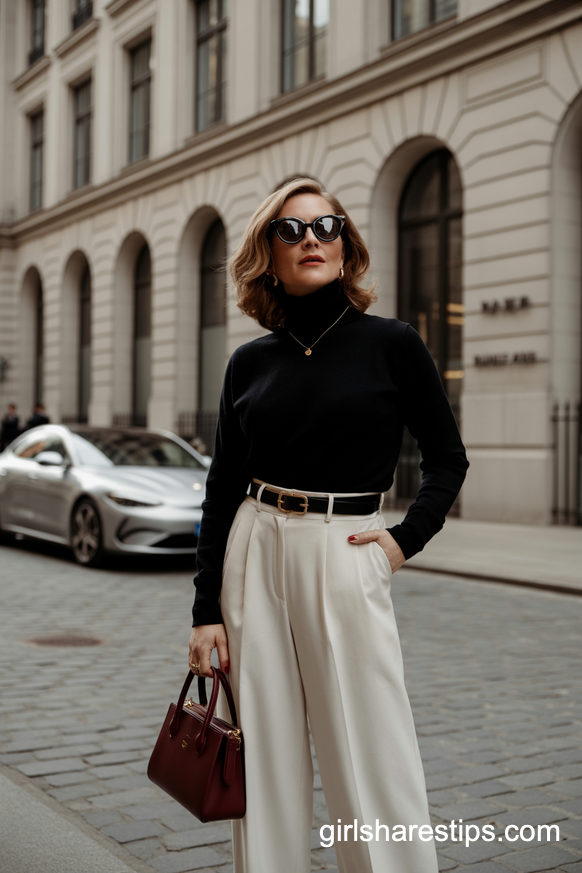 Black Turtleneck And Cream Trousers City Sophisticate Look