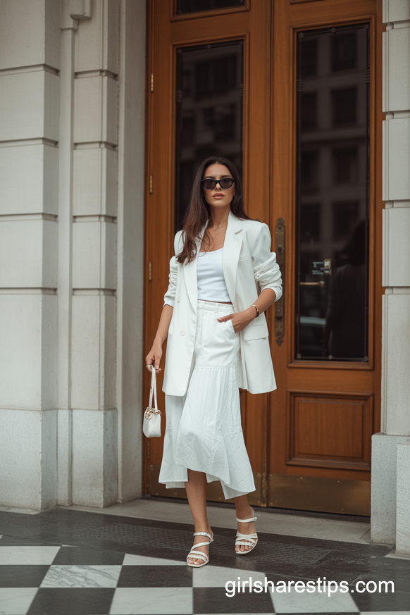 Flowing White Blazer And Midi Skirt Monochrome Moment