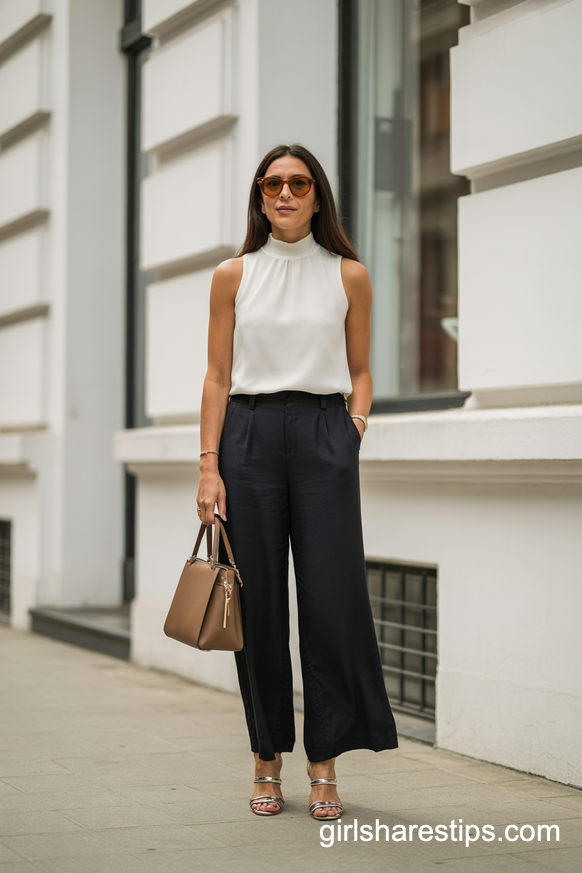 Black Wide-Leg Pants And White Sleeveless Top Street Chic Look
