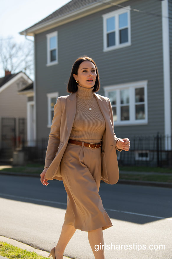Camel Midi Dress And Blazer Layered Power Neutral Outfit