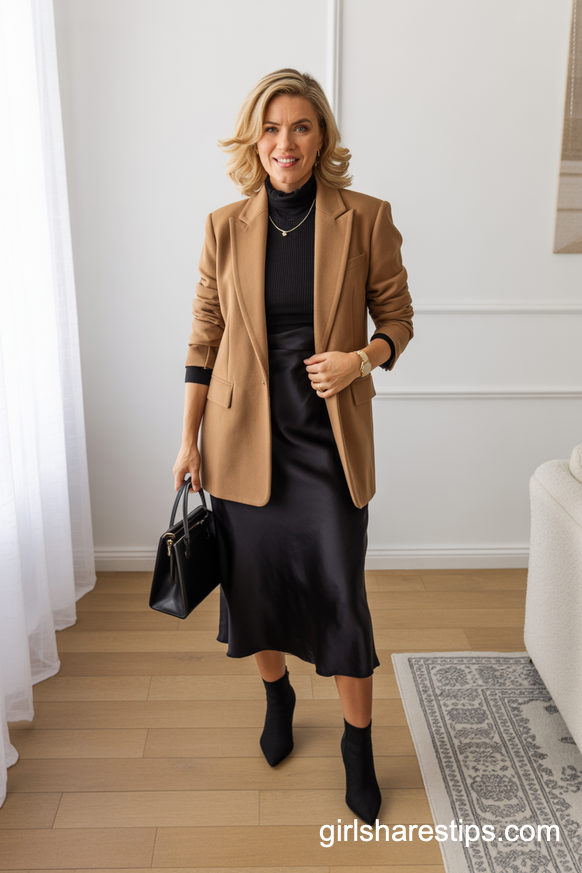 Camel Blazer Over Black Slip Dress Modern Executive Look