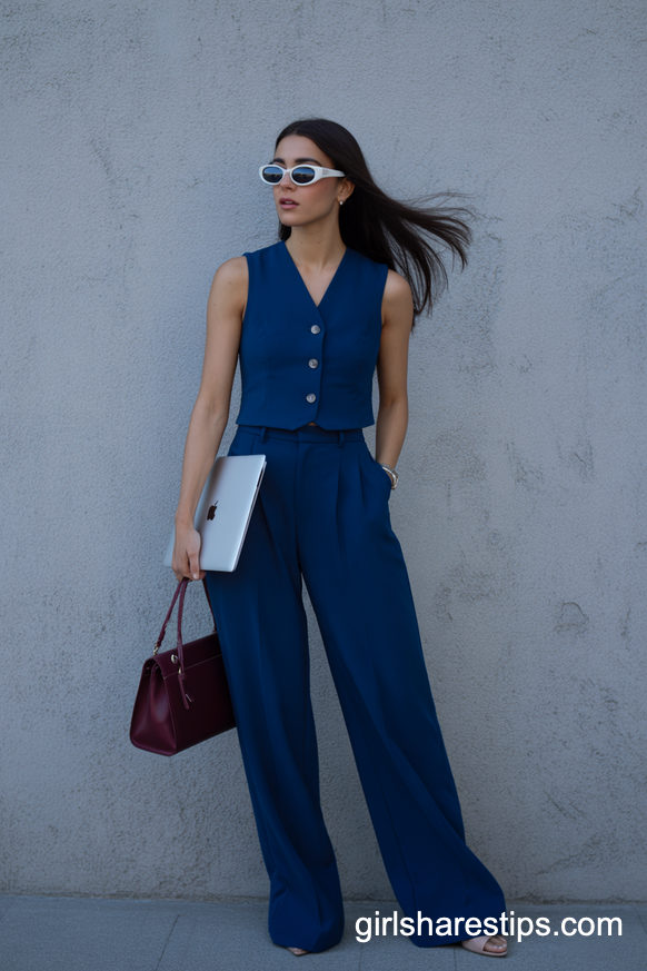 Navy Wide-Leg Suit Set For Modern Power Moves
