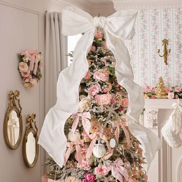 White Bow and Floral Christmas Tree