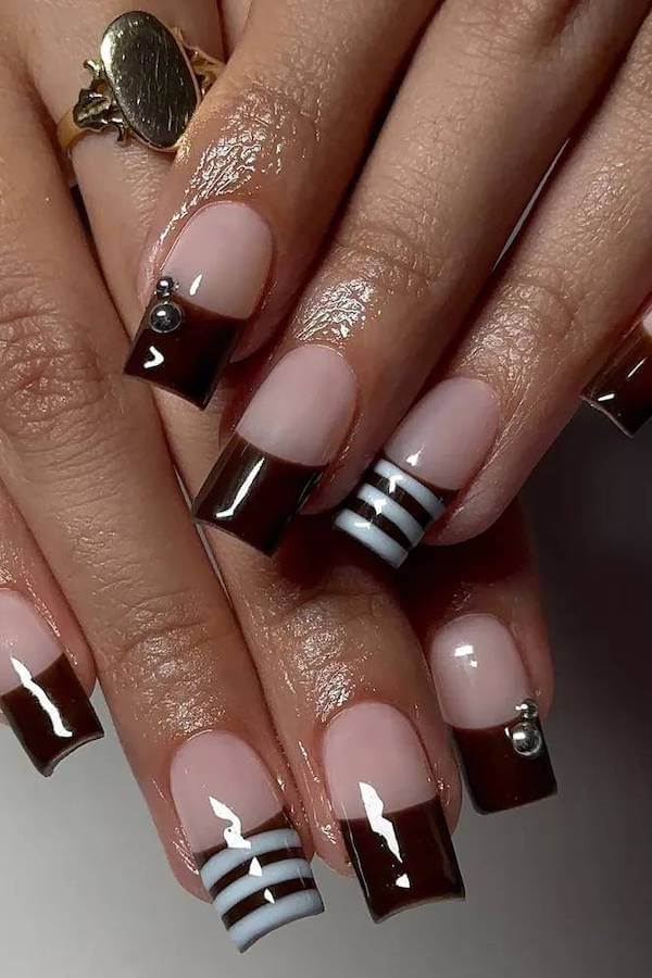 Brown and White Striped French Tip Nails