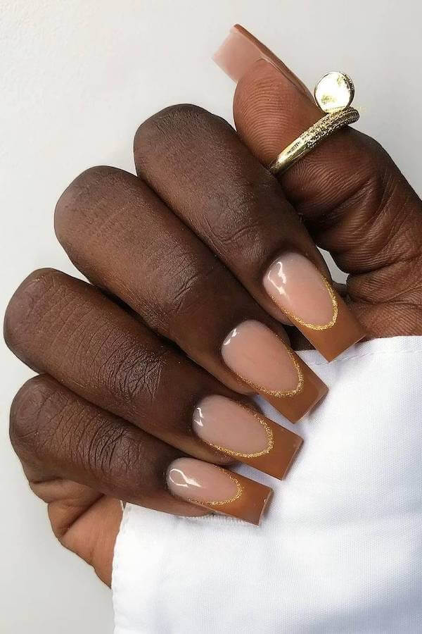 Brown French Tips with Gold Outline