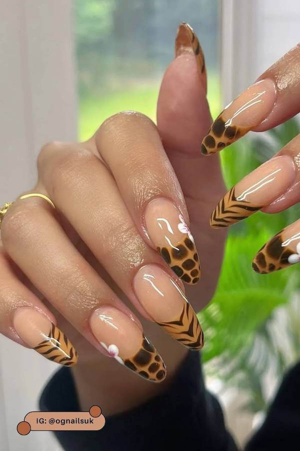 Animal Print Brown French Tip Nails