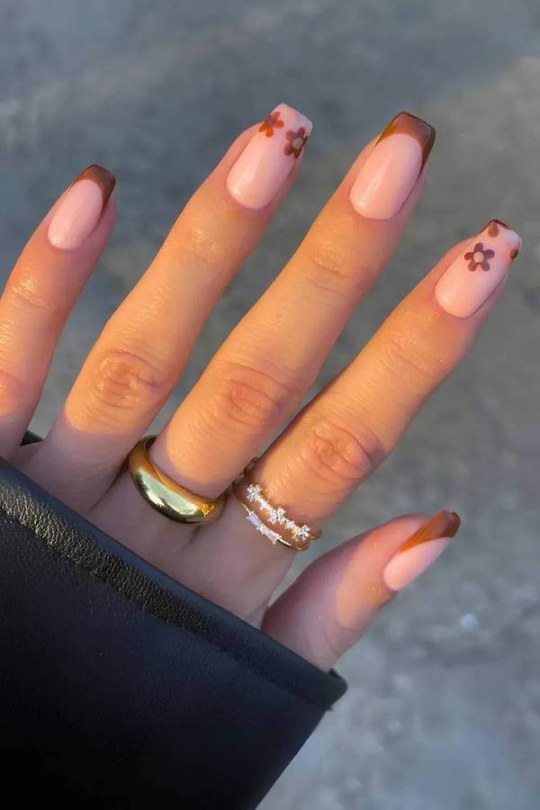 Brown French Tips with Daisy Accents