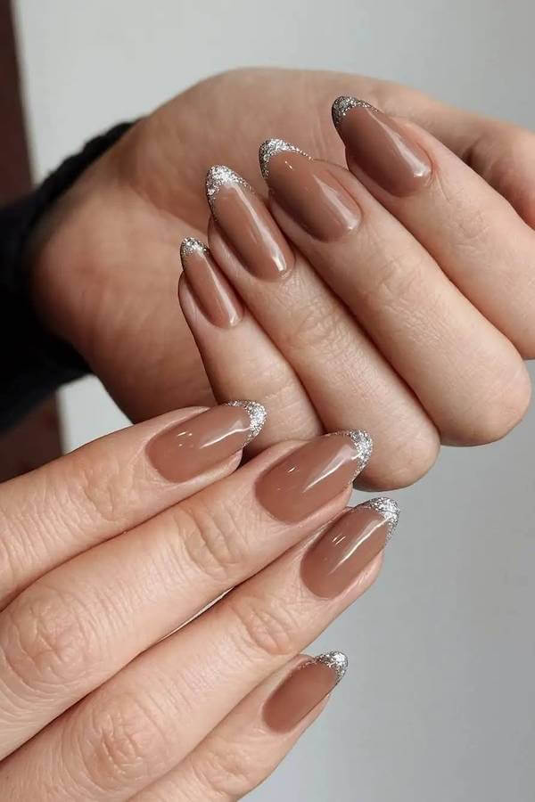 Brown French Tips with Silver Glitter