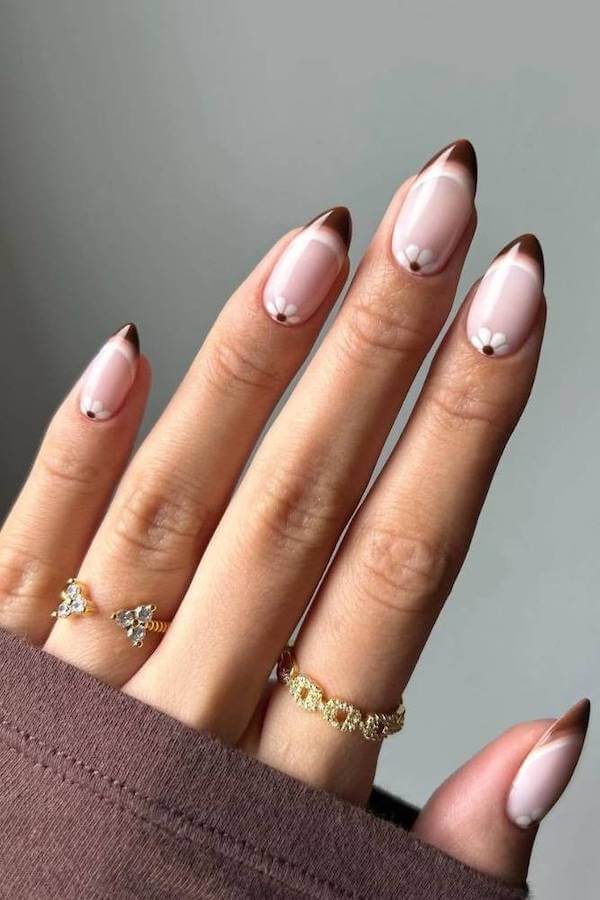 Minimalist Brown French Tip Nails with Dots