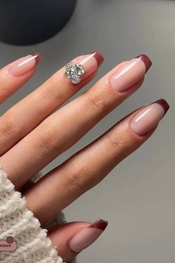 Classic Brown French Tips with Rhinestone Accent