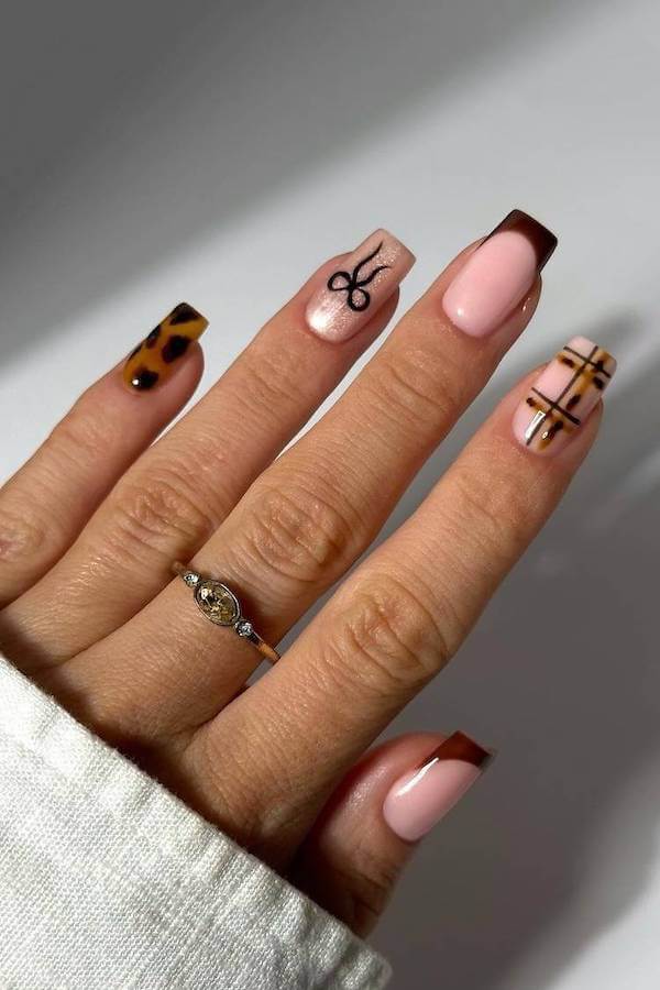 Mixed Design Brown French Tip Nails