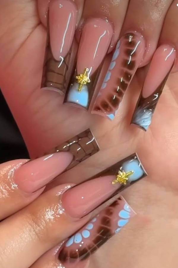 Brown and Blue Floral French Tip Nails