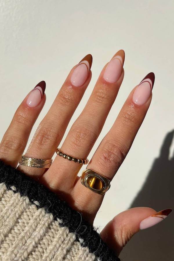 Brown Abstract French Tip Nails