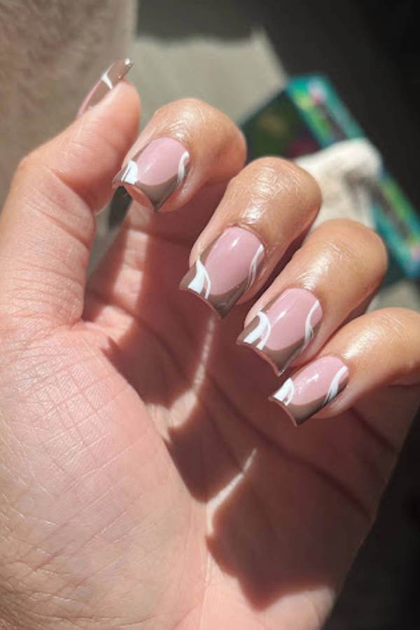 Brown and White Swirl French Tips