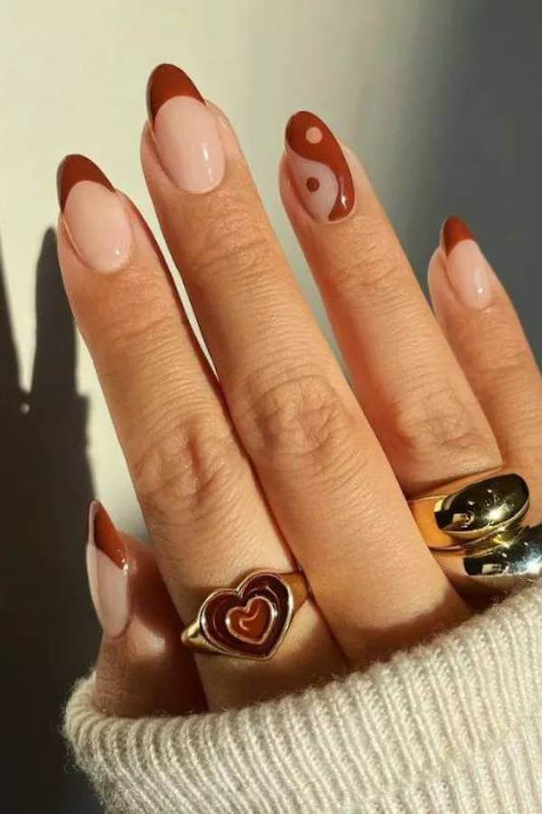 Brown French Tips with Yin Yang Accent