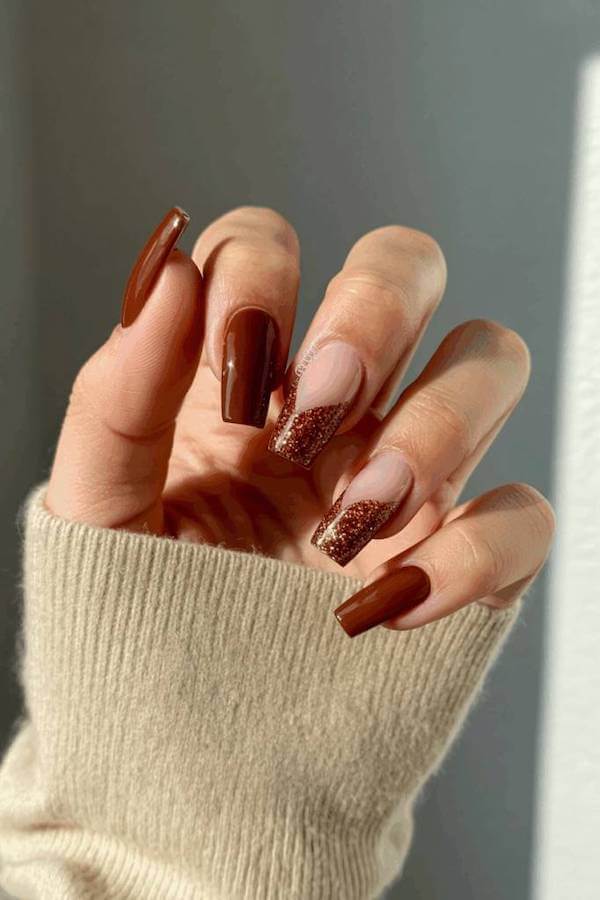 Chocolate Brown and Glitter French Nails