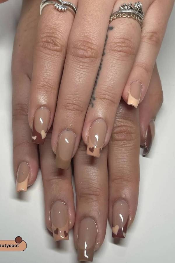 Brown Heart Accents French Tip Nails