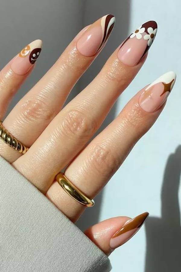 Brown Swirl and Floral French Tip Nails