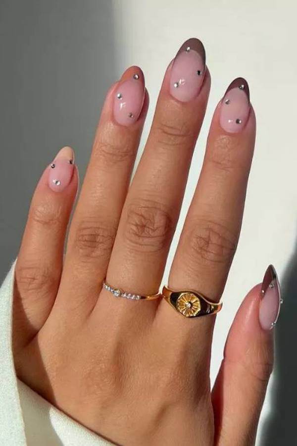 Rhinestone Brown French Tip Nails