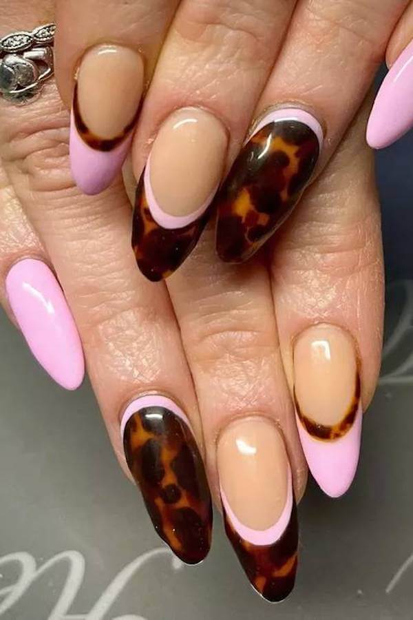 Tortoiseshell and Pink French Tip Nails