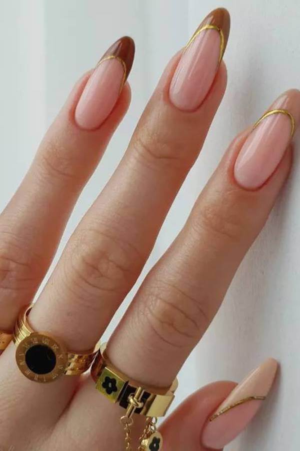 Brown French Tips with Gold Lines