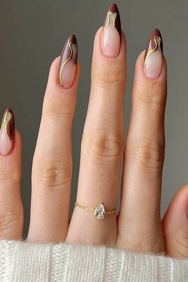 Chocolate French Tips with Gold Accents