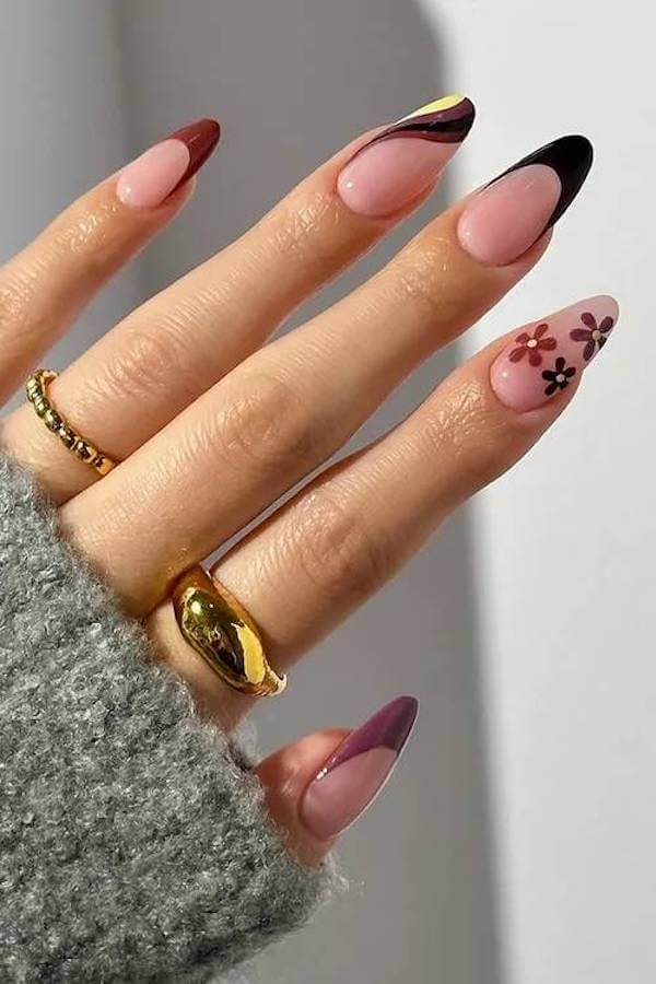 Brown and Black French Tips with Floral Accents