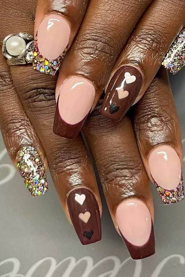 Brown French Tips with Hearts and Glitter