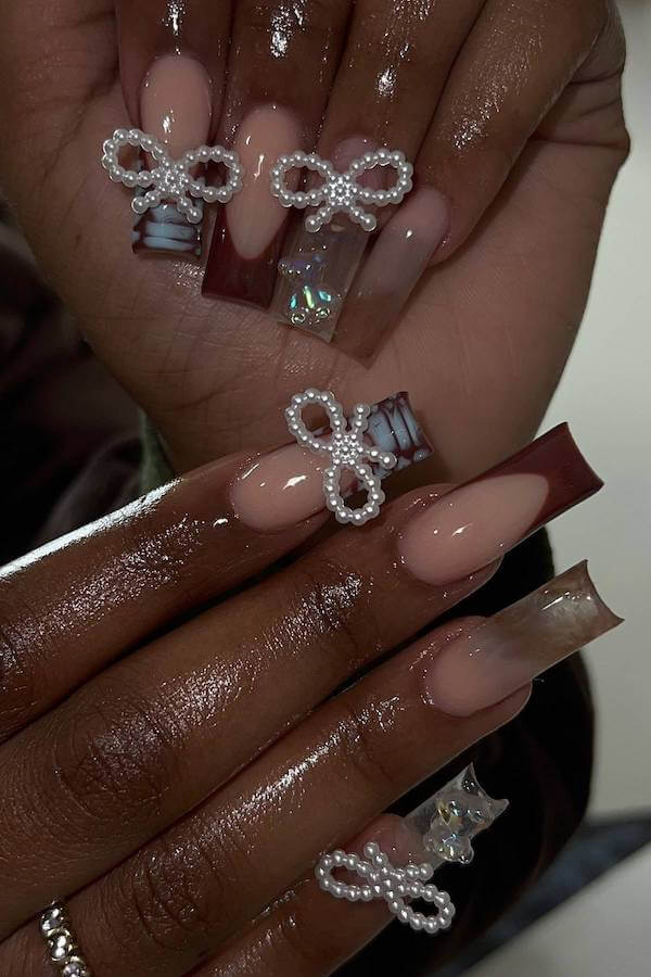 3D Bow and Brown French Tip Nails