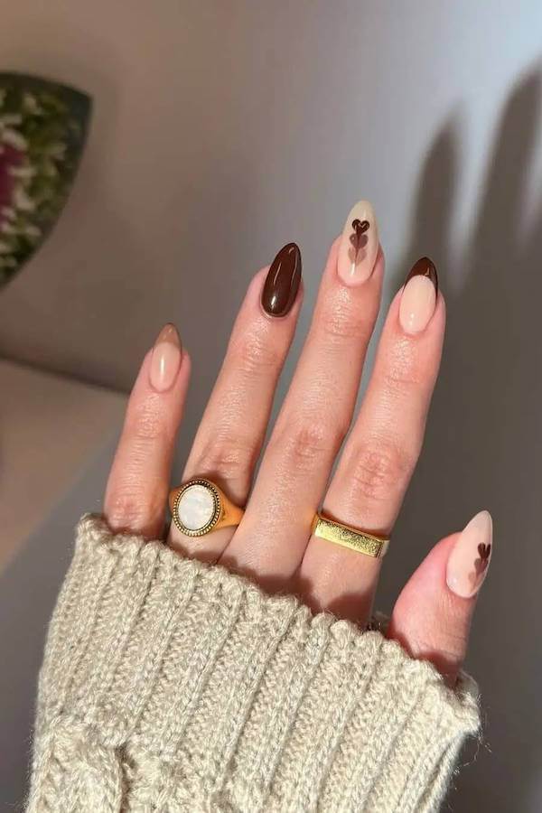 Brown French Tips with Heart Accents Design