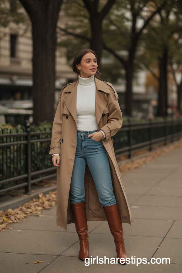 Beige Trench Coat with White Turtleneck and Skinny Jeans