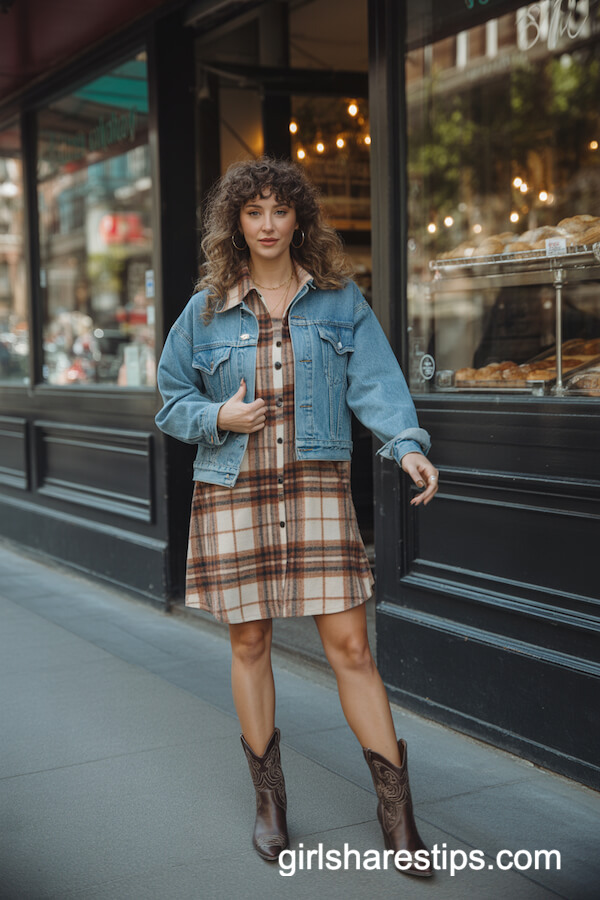 Vintage Denim Jacket with Plaid Shirt Dress