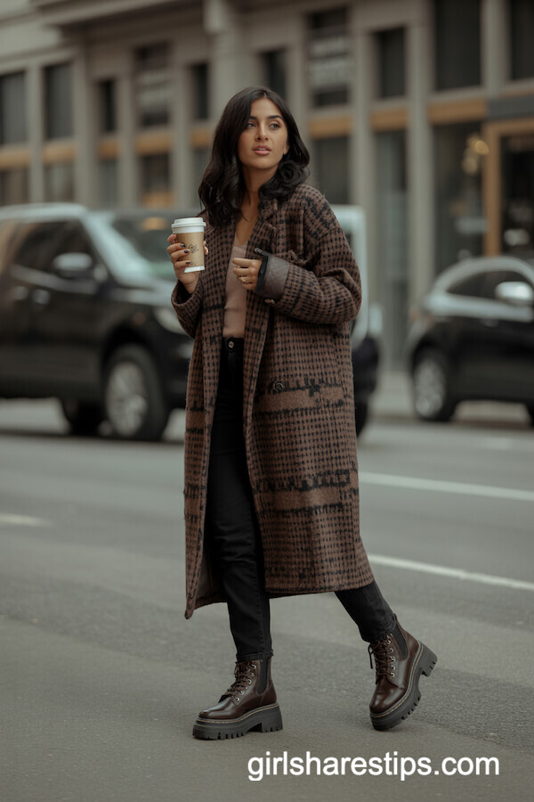 Long Patterned Statement Coat with Black Pants