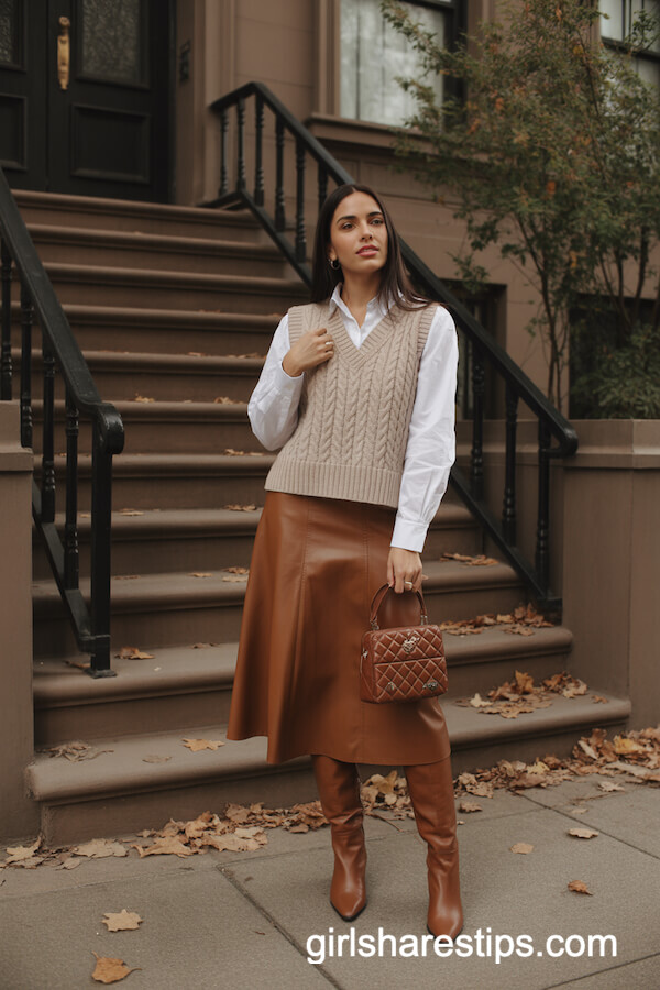 Beige Cable-Knit Sweater Vest with Autumn Midi Skirt
