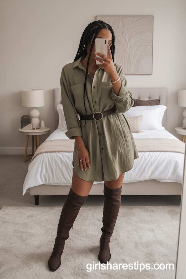 Relaxed Olive Shirt Dress Belted at Waist