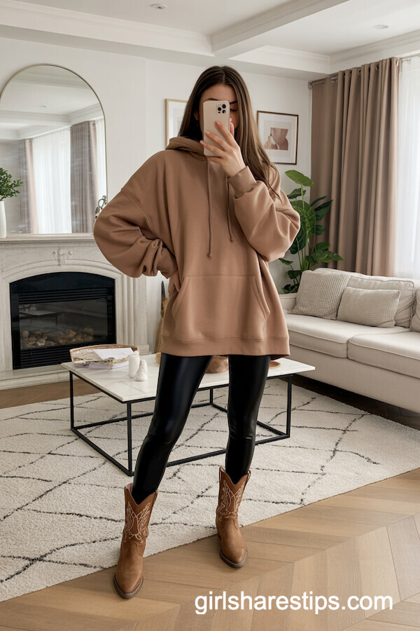Oversized Tan Hoodie with Black Leggings