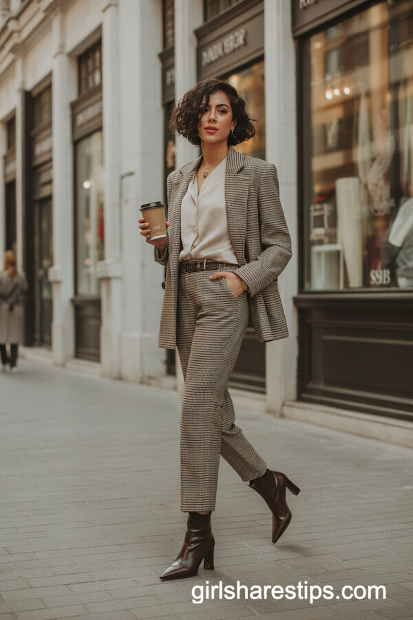 Tailored Plaid Trousers with Ivory Blouse