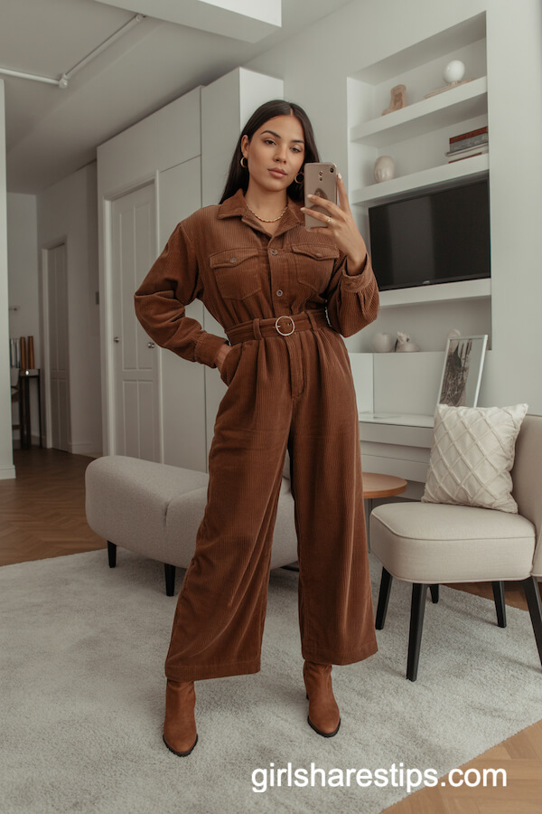 Brown Corduroy Jumpsuit with Belted Waist