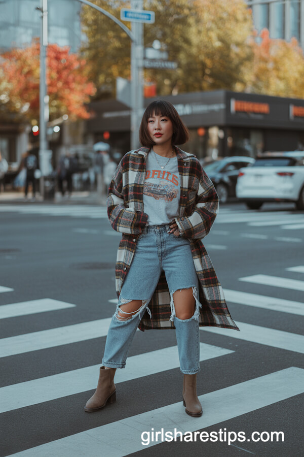 Plaid Shacket with Graphic Tee and Distressed Jeans
