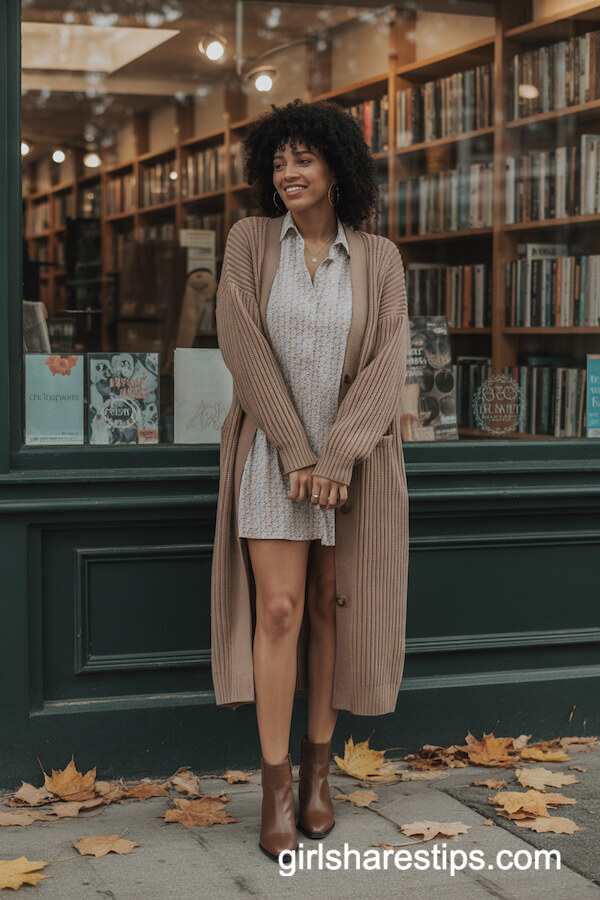 Fitted Long Cardigan with Printed Mini Dress