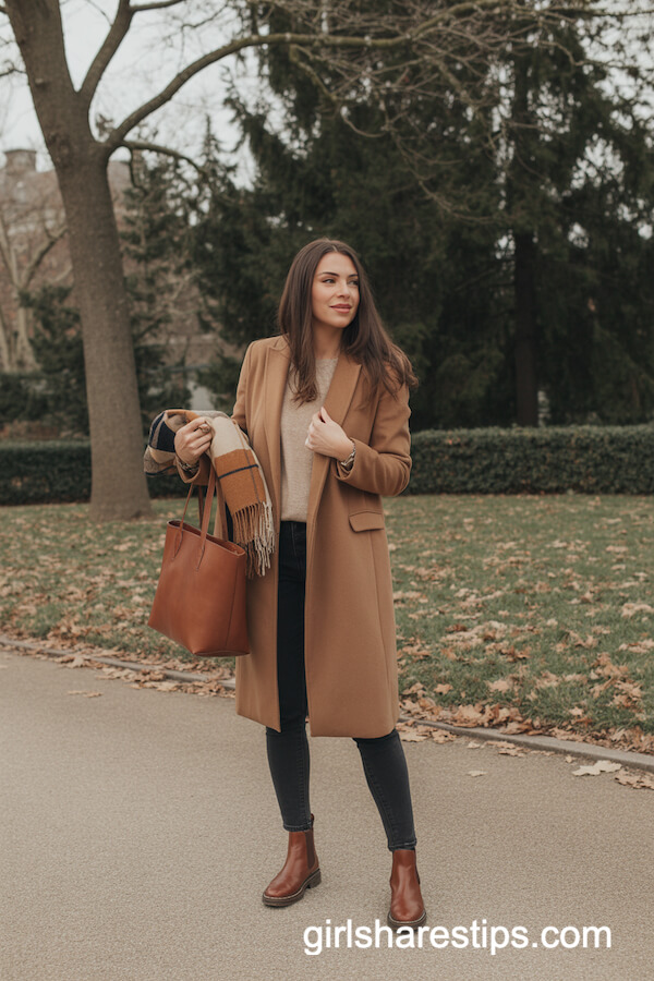 Classic Camel Coat with Black Skinny Jeans