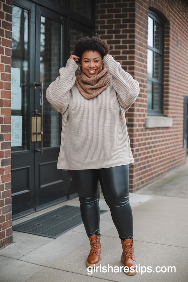 Oversized Oatmeal Sweater with Faux Leather Leggings