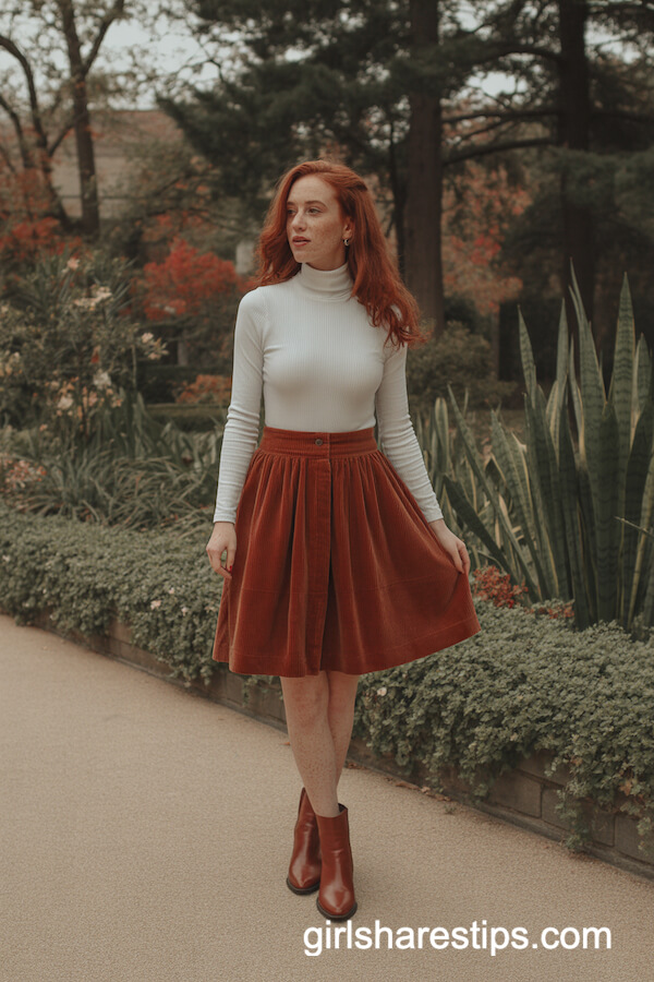 Rust Corduroy Skirt with White Ribbed Turtleneck
