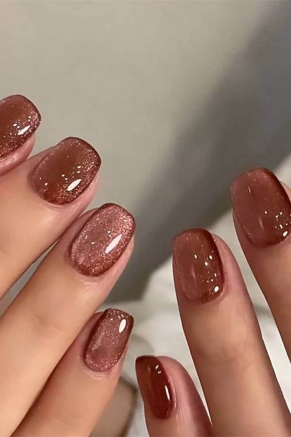 Shimmering Brown Cat Eye Nails